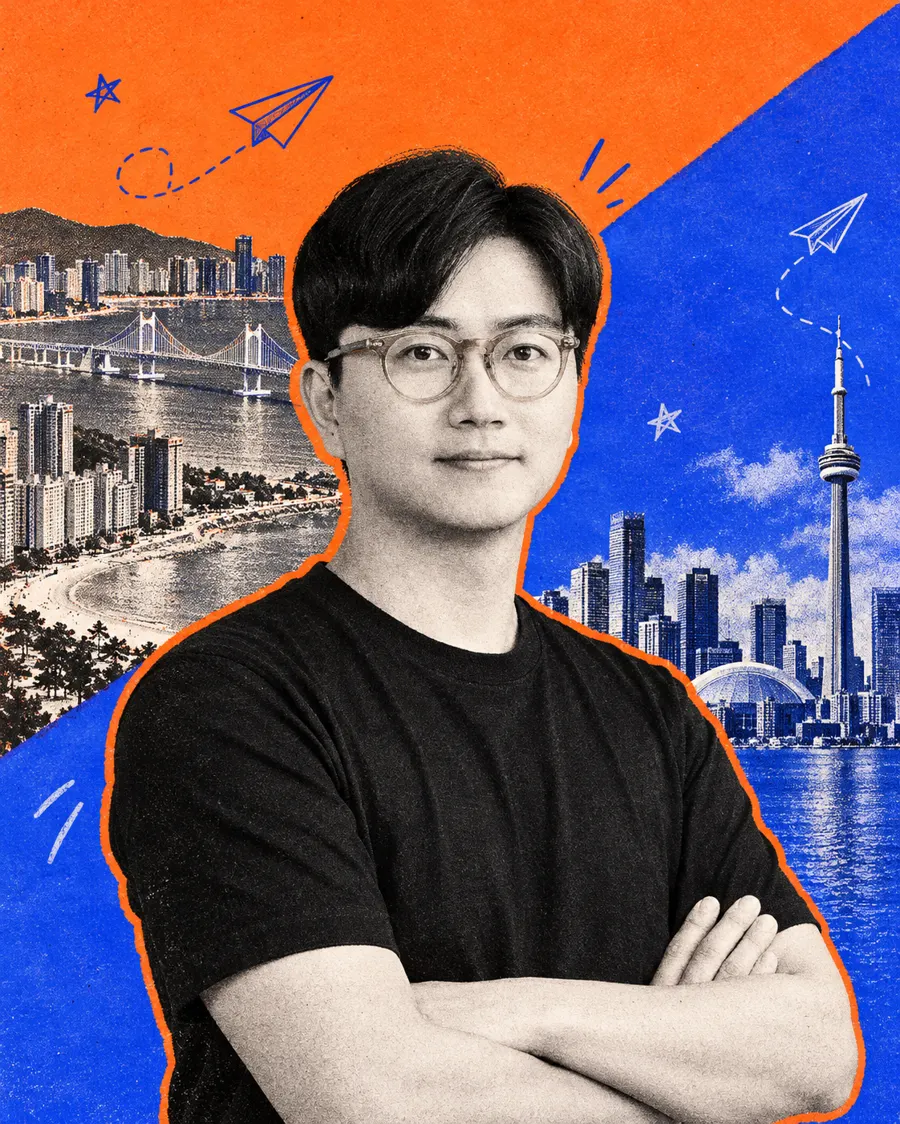 Risograph collage of Hans Lim with the Busan skyline and a North American skyline behind him