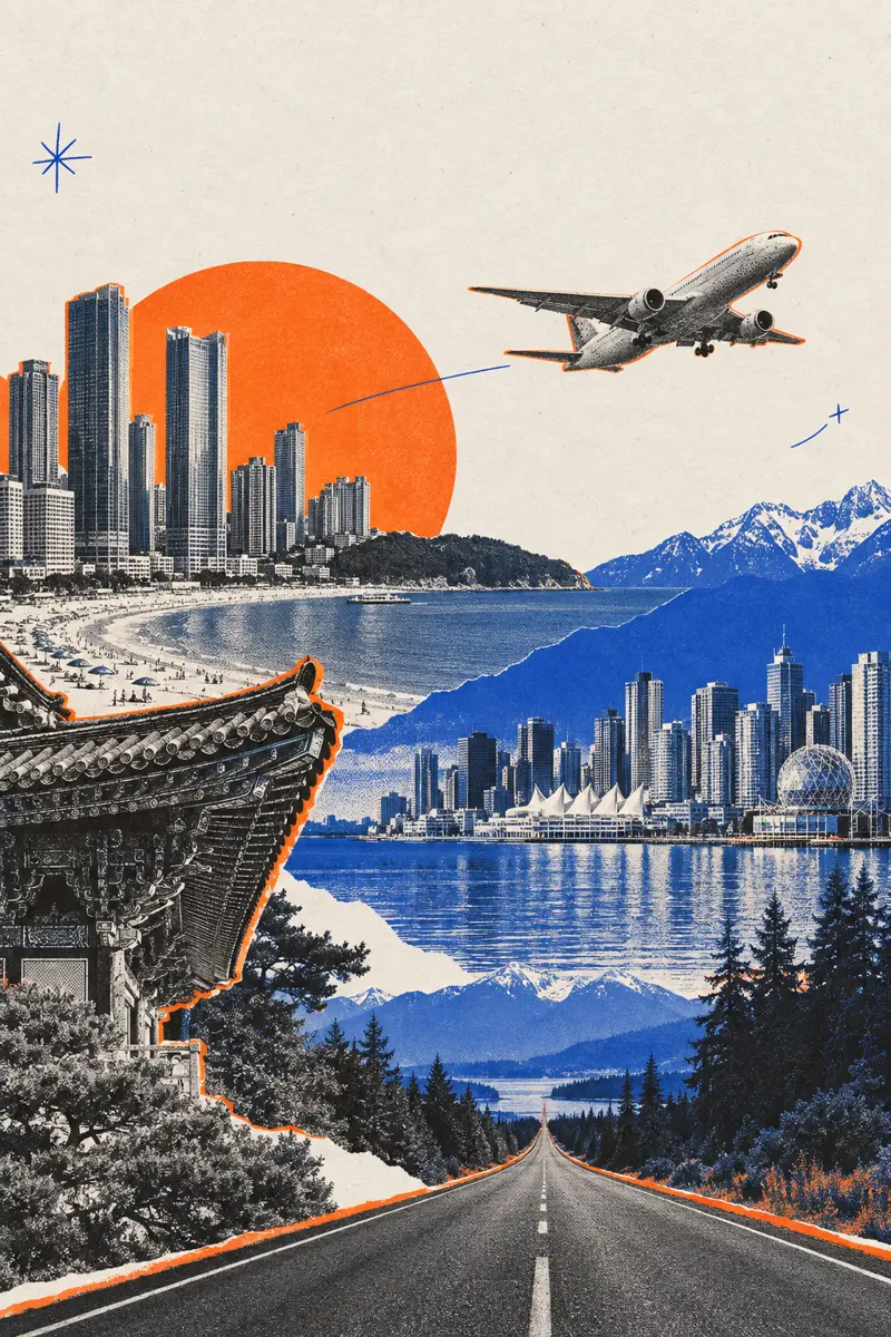 Risograph collage of a journey from Busan, Korea to North America