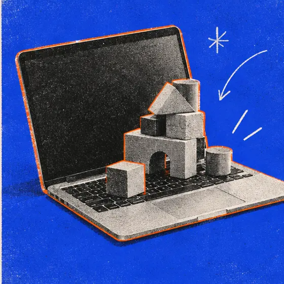 Risograph collage of a laptop with toy building blocks