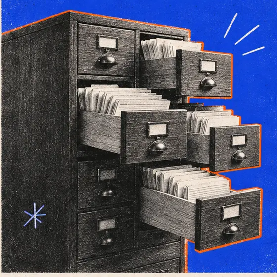 Risograph collage of a vintage card catalog with open drawers