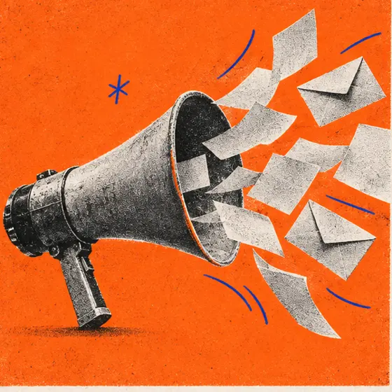 Risograph collage of a megaphone with papers flying out